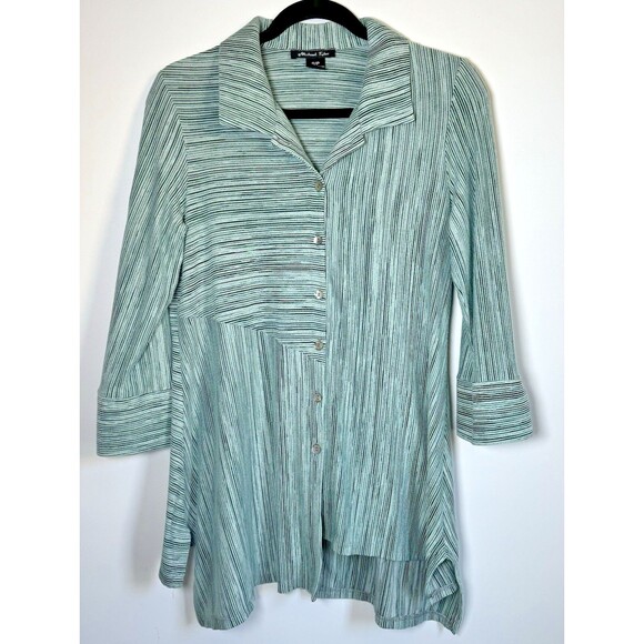 Michael Tyler Womens Small Green Striped Button Front Blouse Asymmetrical Hem - Picture 1 of 14